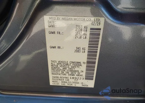 2019 Nissan Altima 2.5 Sl из США, поврежденный, VIN 1N4BL4EV4KC189223